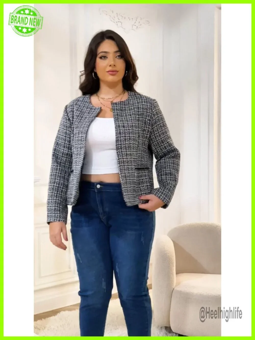 Collarless Tweed Blazer Plus Size Open Front Work Jacket with Pockets